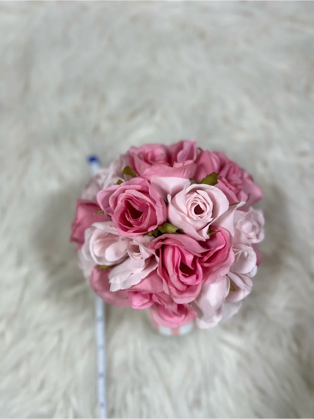 Pink Faux Rose Floral Arrangement in Striped Pot – Cottagecore Decor